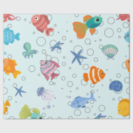 かわいい水中海洋生物&魚のパターンラッピング ラッピングペーパー