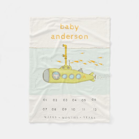かわいい水中潜水艦モノグラムベビーマイルストーン フリースブランケット (正面)
