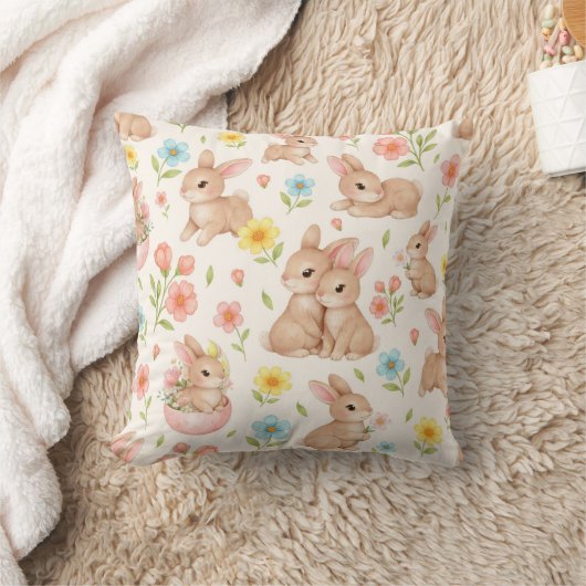 かわいい水彩うさぎと春の花のパターン クッション (ブランケット)