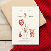 かわいい水彩うさぎクマの「1歳」誕生日 招待状