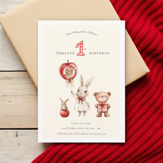 かわいい水彩うさぎクマの「1歳」誕生日 招待状