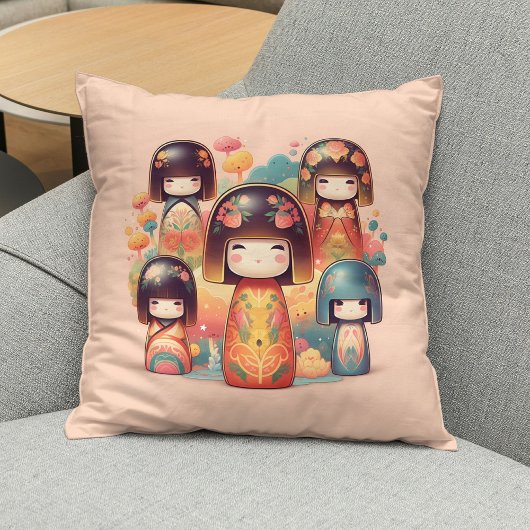 かわいい水彩こけしドールズ ピンク クッション