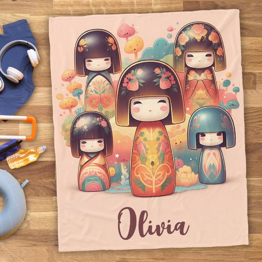 かわいい水彩こけし人形赤面 フリースブランケット