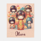 かわいい水彩こけし人形赤面 フリースブランケット (正面)