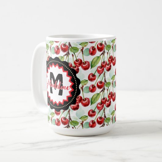 かわいい水彩さくらんぼパターパーソナライズされたン コーヒーマグカップ (正面左)