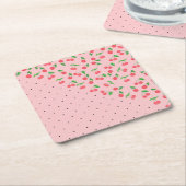 かわいい水彩さくらんぼブラック水玉模様模様 スクエアペーパーコースター (アングル)