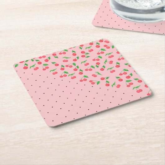 かわいい水彩さくらんぼブラック水玉模様模様 スクエアペーパーコースター (アングル)