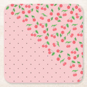 かわいい水彩さくらんぼブラック水玉模様模様 スクエアペーパーコースター (正面)