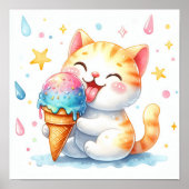 かわいい水彩ねこ アイスクリームを食べる ファンシー ポスター (正面)