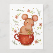 かわいい水彩ねずみが紅茶カップに入った誕生日 ポストカード (正面)