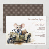 かわいい水彩ねずみが緑の車でベビーシャワーパーティー 招待状 (正面/裏面)
