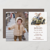 かわいい水彩ねずみ 緑の車 1歳の誕生日 招待状 (正面/裏面)