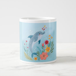 かわいい水彩のイルカとワイルドフラワーガーデン ジャンボコーヒーマグカップ