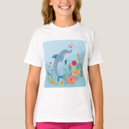 かわいい水彩のイルカとワイルドフラワーガーデン Tシャツ