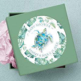 かわいい水彩のウミガメと緑のギフト ラウンドシール