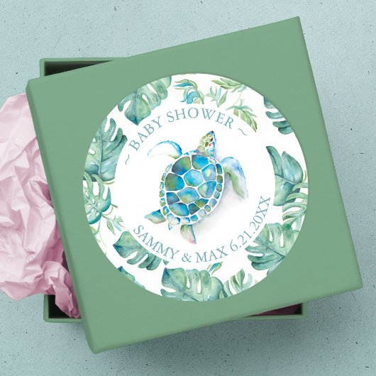 かわいい水彩のウミガメと緑のギフト ラウンドシール