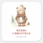 かわいい水彩のクマ メリークリスマス ホリデー スクエアシール (正面)