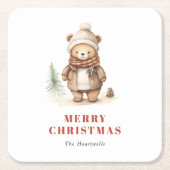 かわいい水彩のクマ メリークリスマス ホリデー スクエアペーパーコースター (正面)