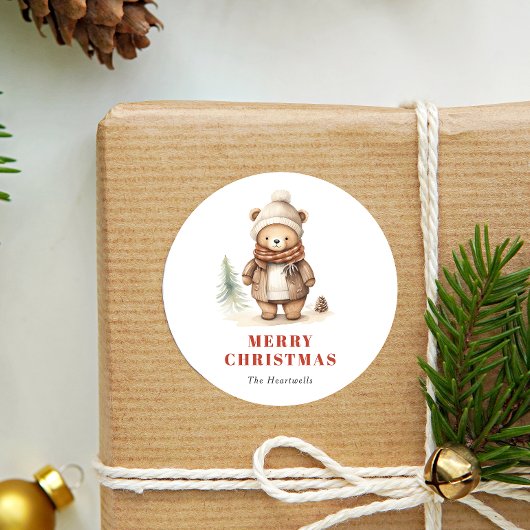 かわいい水彩のクマ メリークリスマス ホリデー ラウンドシール