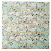 かわいい水彩のグレーフローラとストライプデザイン タイル (正面)