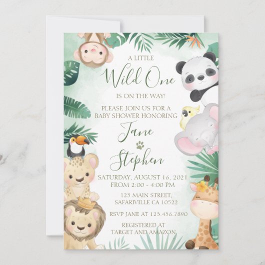 かわいい水彩のサファリ動物のベビーシャワー 招待状 (正面)
