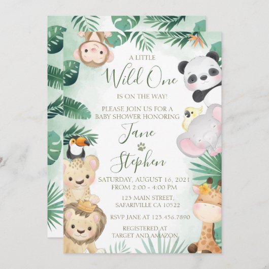 かわいい水彩のサファリ動物のベビーシャワー 招待状 (正面/裏面)