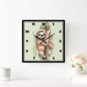 かわいい水彩のスロス&トロピカル葉の スクエア壁時計 (ホーム)