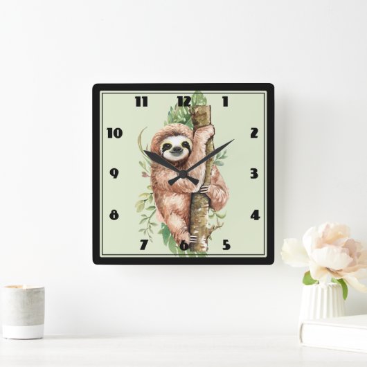 かわいい水彩のスロス&トロピカル葉の スクエア壁時計 (ホーム)