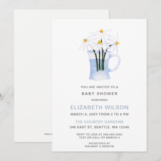 かわいい水彩のデイジー 男女兼用ベビーシャワー 招待状 (正面/裏面)