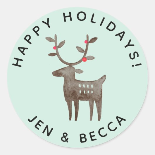 かわいい水彩のトナカイ | 海の緑または任意の色 ラウンドシール (正面)