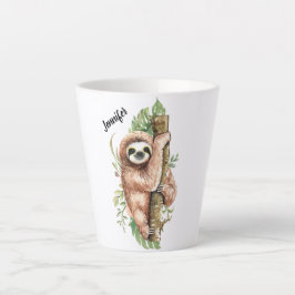 かわいい水彩のナマケモノとトロピカルリーフ カフェラテマグ