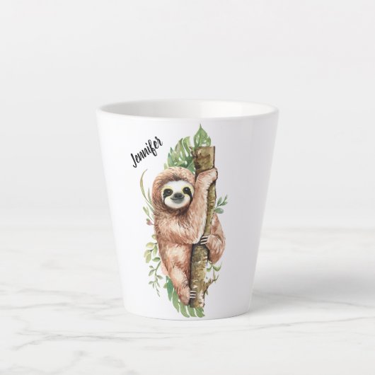 かわいい水彩のナマケモノとトロピカルリーフ カフェラテマグ (正面)