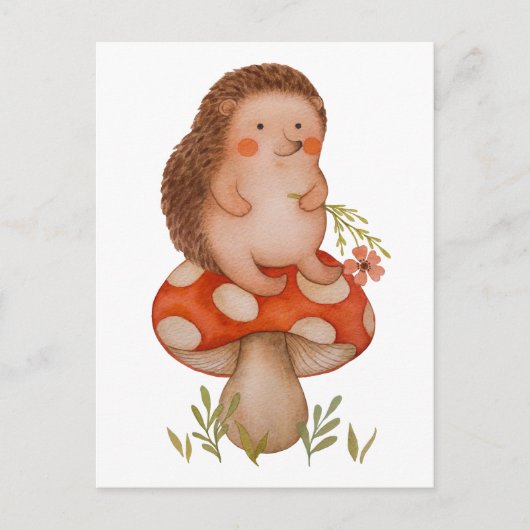 かわいい水彩のハリネズミがキノコの誕生日 ポストカード (正面)