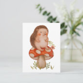 かわいい水彩のハリネズミがキノコの誕生日 ポストカード (スタンド正面)