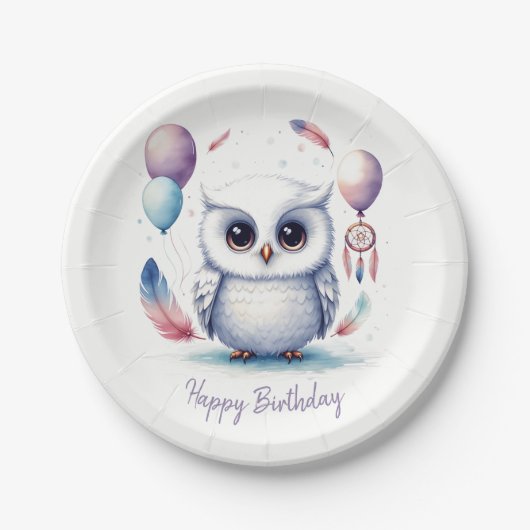 かわいい水彩のフクロウの赤ちゃん風船 誕生日 ペーパープレート (正面)