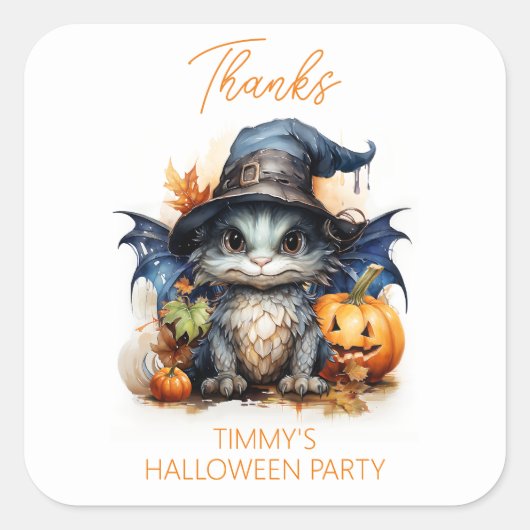 かわいい水彩のベイビードラゴン ハロウィンパーティーの景品 スクエアシール (正面)