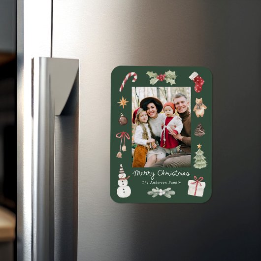 かわいい水彩のメリークリスマス グリーン家族写真 マグネット