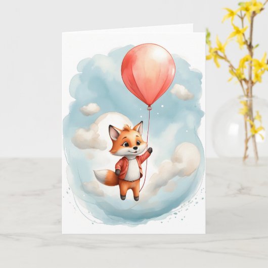 かわいい水彩の子ぎつねと大きな赤い風船の空白カード カード (黄色い花)