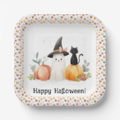 かわいい水彩の幽霊 黒猫 カボチャ ハロウィン ペーパープレート (正面)