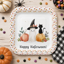 かわいい水彩の幽霊 黒猫 カボチャ ハロウィン