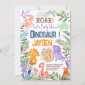 かわいい水彩の恐竜と緑の子供の誕生日 招待状 (正面)