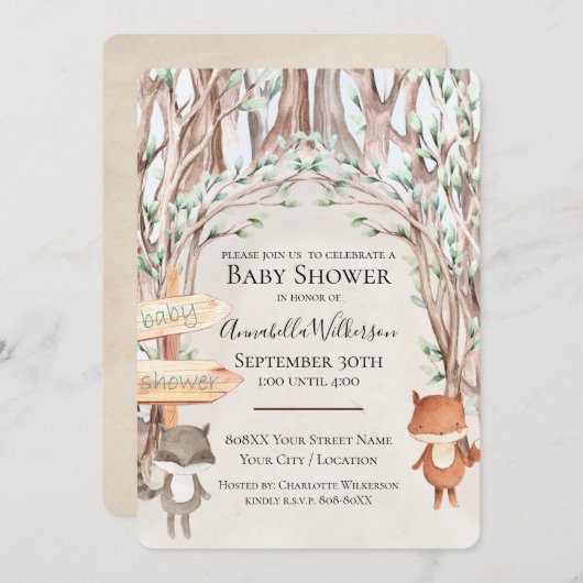 かわいい水彩の木の国の赤ちゃん動物たち 招待状 (正面/裏面)