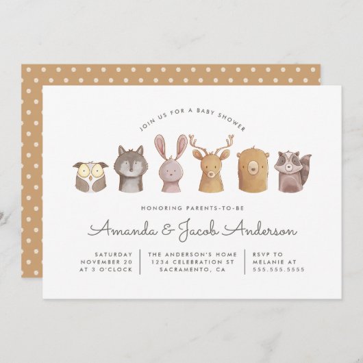 かわいい水彩の森林動物たちのベビーシャワー 招待状 (正面/裏面)