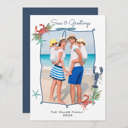 かわいい水彩の海の生き物たちと一緒にクリスマスを祝う写真 シーズンカード (正面/裏面)