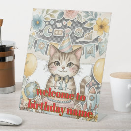 かわいい水彩の猫の1歳の誕生日のペディスタルサイン 台座サイン