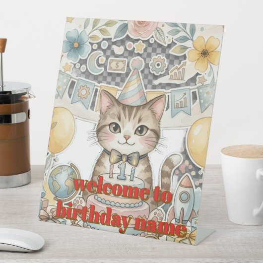 かわいい水彩の猫の1歳の誕生日のペディスタルサイン 台座サイン (インサイチュ)