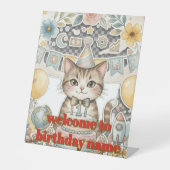 かわいい水彩の猫の1歳の誕生日のペディスタルサイン 台座サイン (正面)