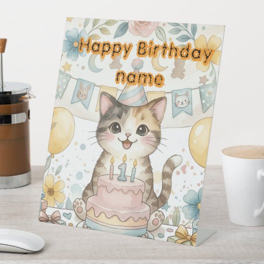 かわいい水彩の猫の1歳の誕生日の台座のサイン 台座サイン (インサイチュ)