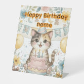 かわいい水彩の猫の1歳の誕生日の台座のサイン 台座サイン (正面)