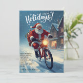 かわいい水彩の自転車に乗ったサンタクロースのクリスマスカード シーズンカード (スタンド正面)